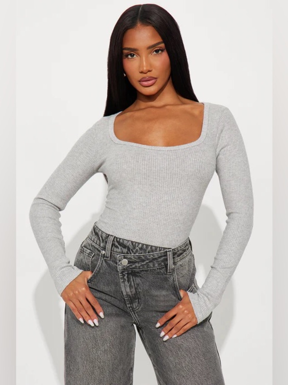 ❥𝖥𝖠𝖲𝖧𝖨𝖮𝖭𝗡𝗢𝗩𝗔: Jana Heathered Waffle Knit Long Sleeve Top - Heather Grey